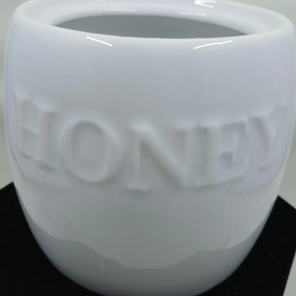 Fitz and Floyd Everyday White Honey Pot‎ with Dipper Porcelain Bee Lid Embossed